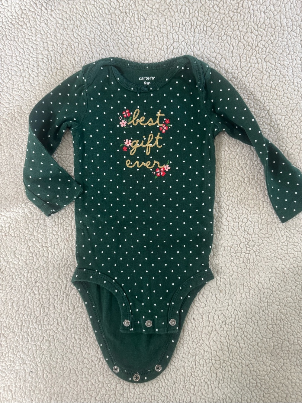 Carter's Dark Green Christmas Polka Dot Long-Sleeve One-Piece with Gold Script